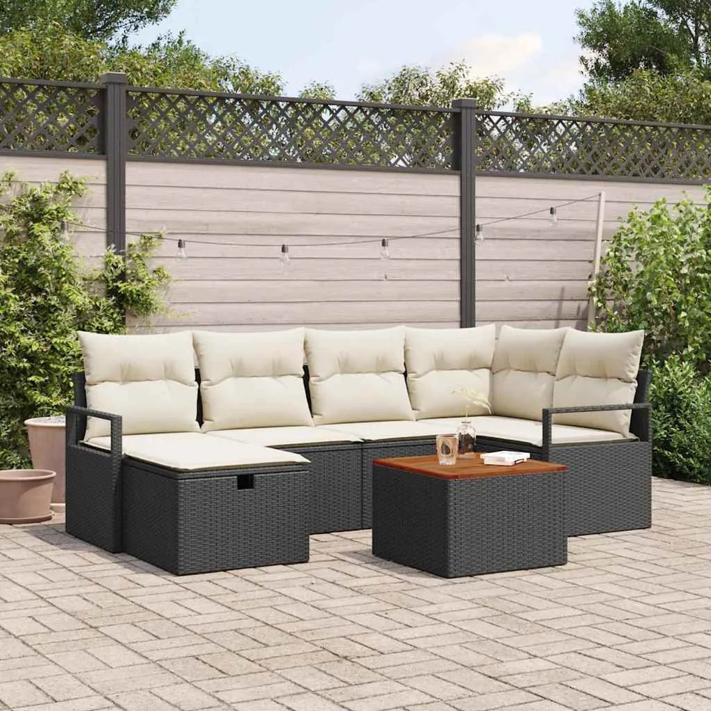Conjunto de Sofás Jardim vidaXL de 7 Peças com Almofadas Preto Rattan