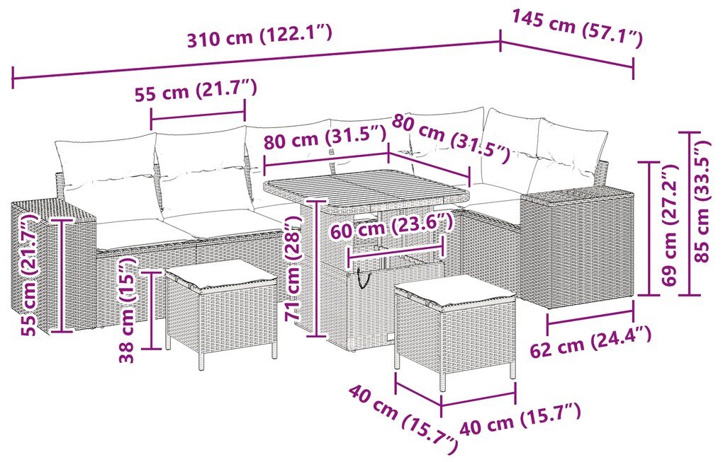Conjunto de Sofás de Jardim vidaXL com Almofadas Preto Rattan Poliéste