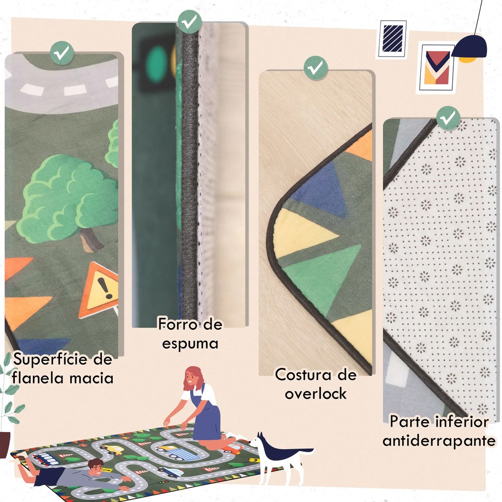 Tapete para Crianças Tapete Infantil com Desenho de Estrada e Antiderrapante 230x160 cm Verde