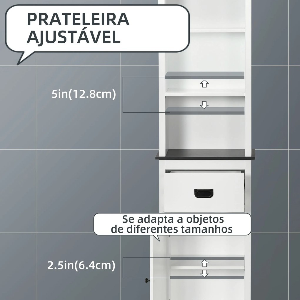 Coluna Casa de Banho Móvel para Casa de Banho com 3 Prateleiras de Armazenamento Armário e Gaveta 40x30x160cm Branco e Preto