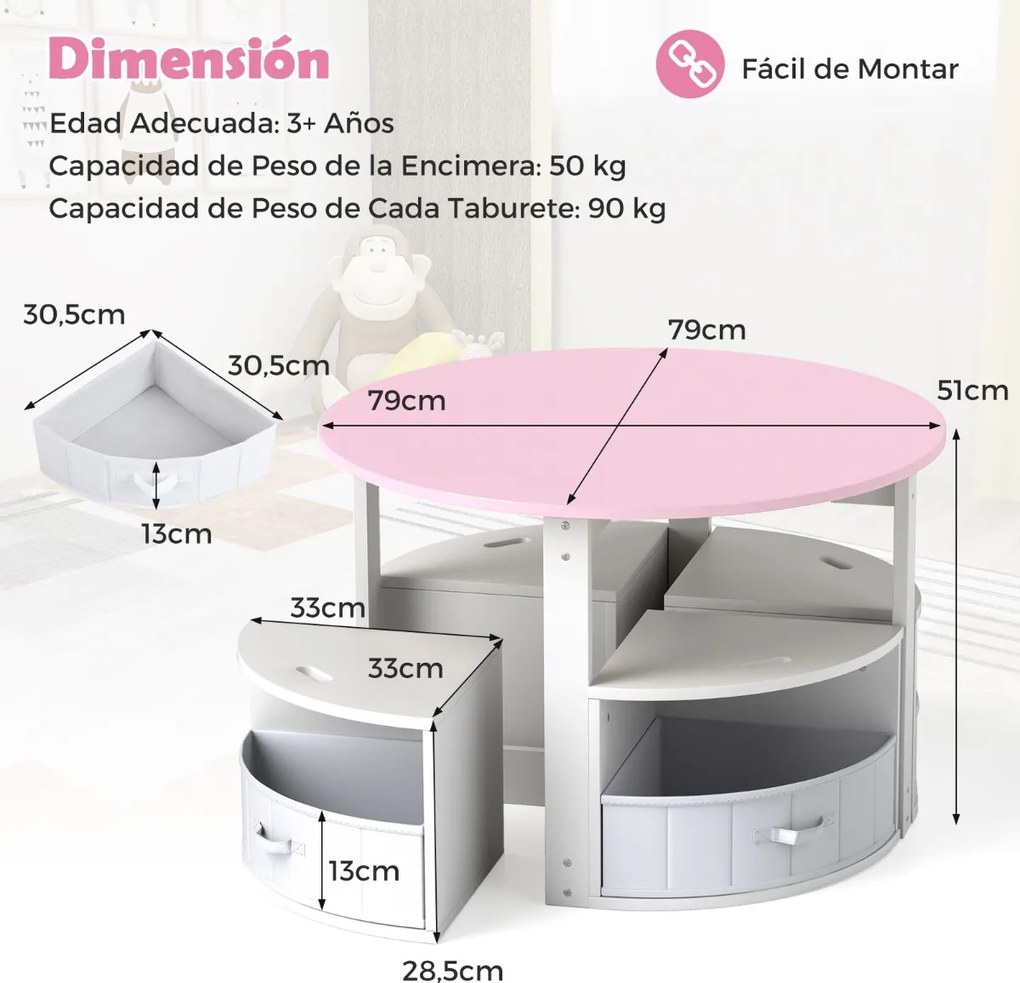 Conjunto de mesa redonda e 4 bancos com 4 caixas de tecido para atividades artísticas e de leitura para crianças Rosa