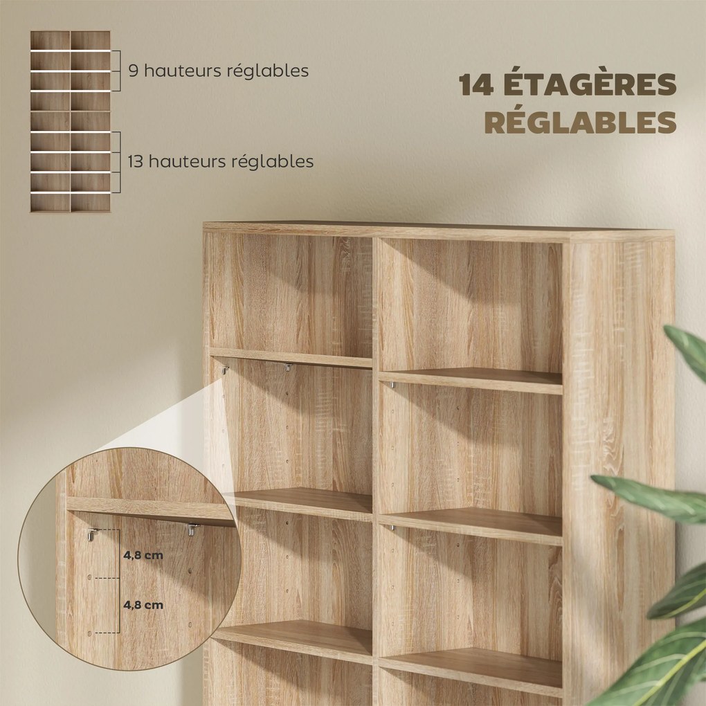 Organizador para CD e DVD com 18 compartimentos, capacidade máxima de 640 CD/360 DVD/430 Blu-ray, 78,5 x 24 x 175 cm, madeira natural
