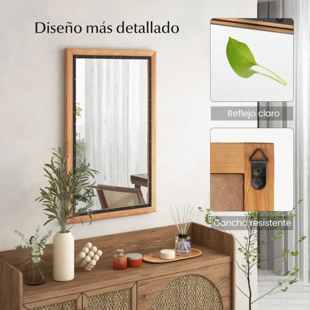 Espelho decorativo retangular de madeira rústico montado na parede com placa traseira 55 x 90 x 2,5 cm natural