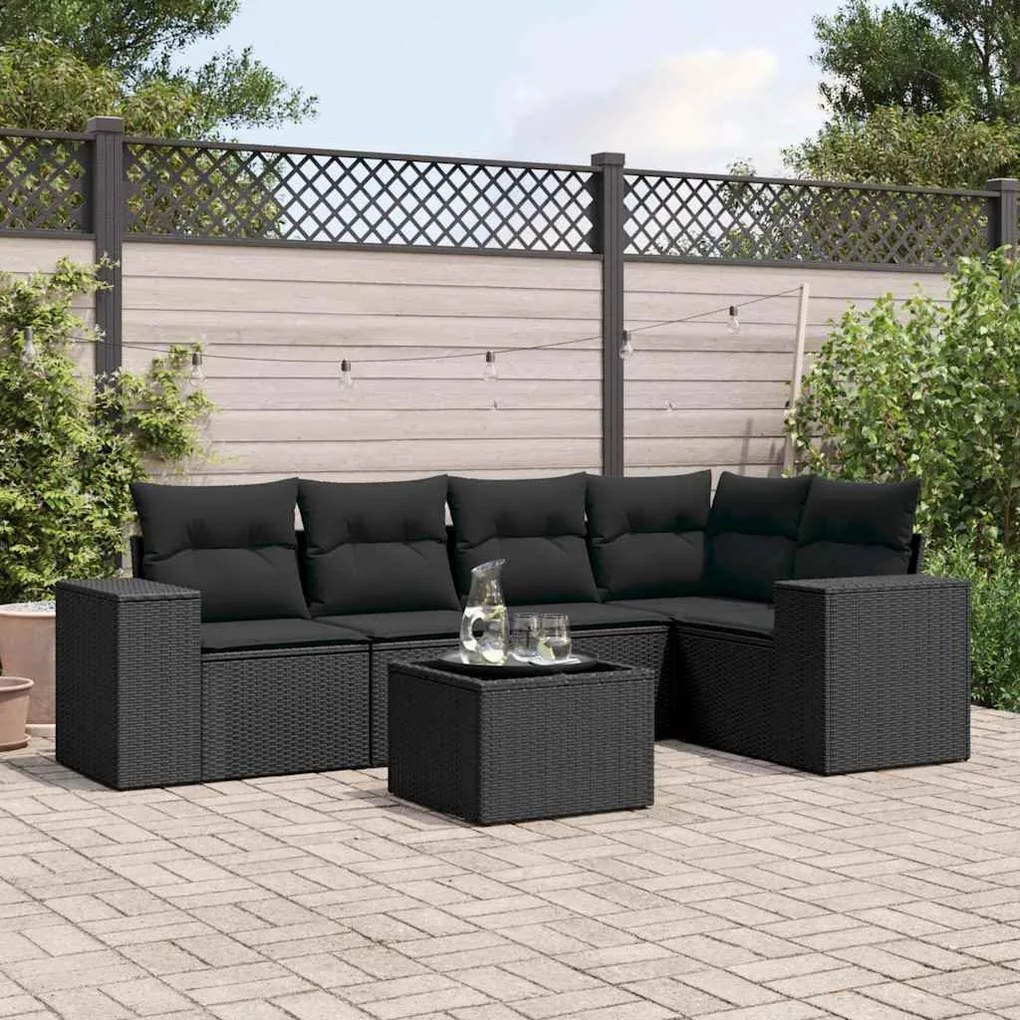 6 pcs conjunto sofás de jardim c/ almofadões vime PE preto
