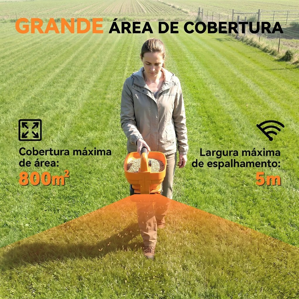 Distribuidor jardim Portátil 3,3 L 8 Níveis de Fluxo Largura de Dispersão Ajustável Porta USB para Relva Sal até 800 m² 26x22x27,5 cm Laranja