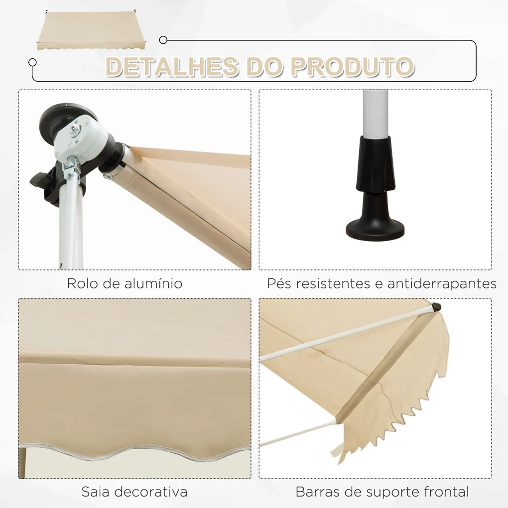 Toldo Portátil Pátio Varanda 3x1,5m Toldo Manual Dobrável de Alumínio Altura Regulável com Manivela para Terraço Jardim Bege