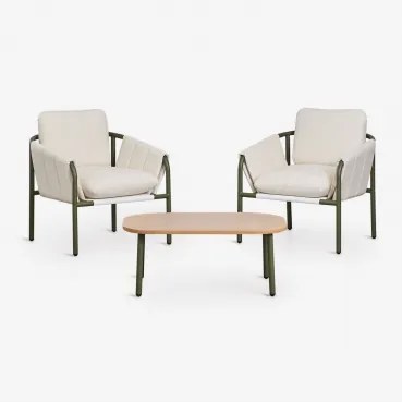 Conjunto De Jardim Com 2 Poltronas Estofadas E Mesa De Centro Em Aço Zunika Verde Azeitona Intenso - Sklum