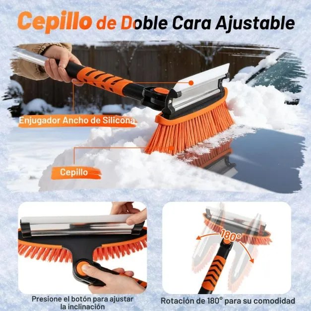 Pá de neve extensível 4 em 1 Raspador de gelo de 107 cm para pára-brisas Cabeça de escova giratória de 180° Cabo em EVA laranja