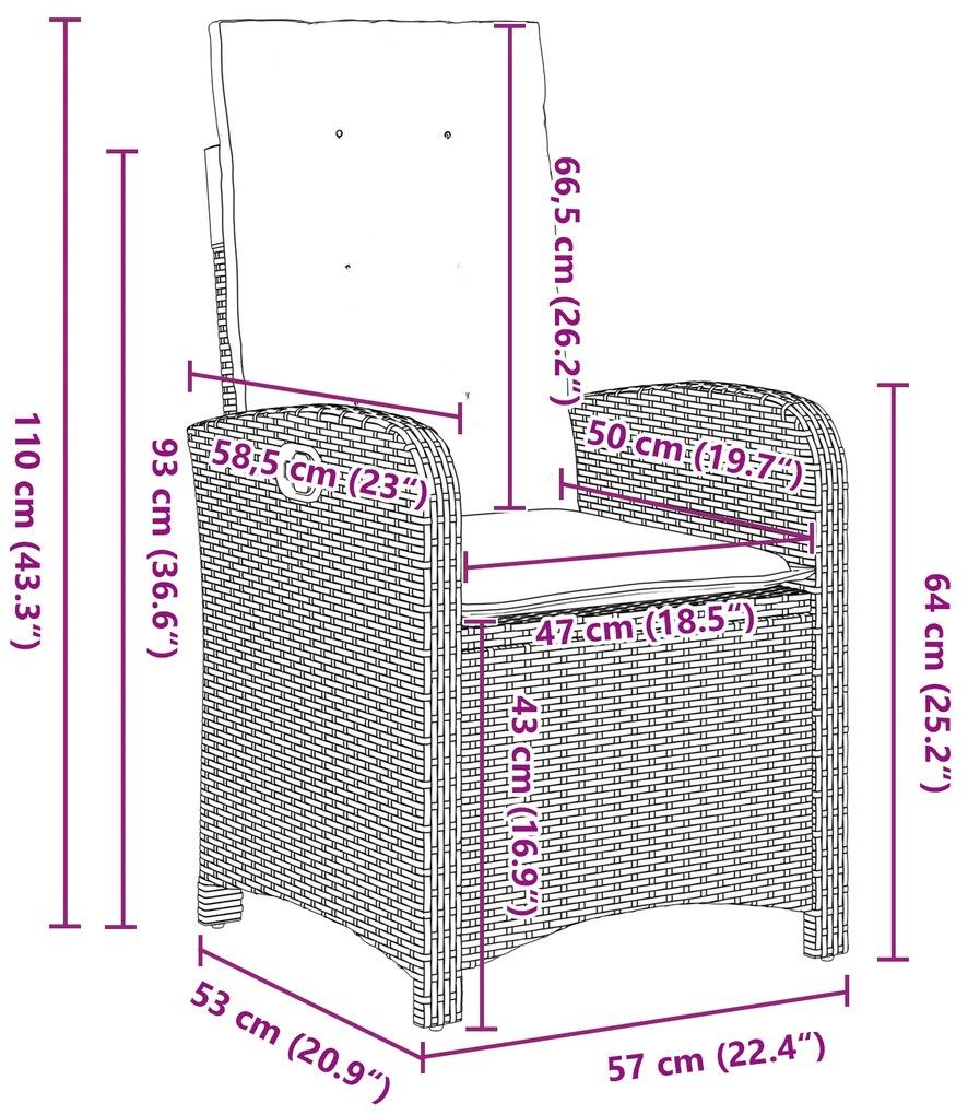 Conjunto de Jantar de Jardim 9 Peças com Almofadas Cinzas de Rattan Po