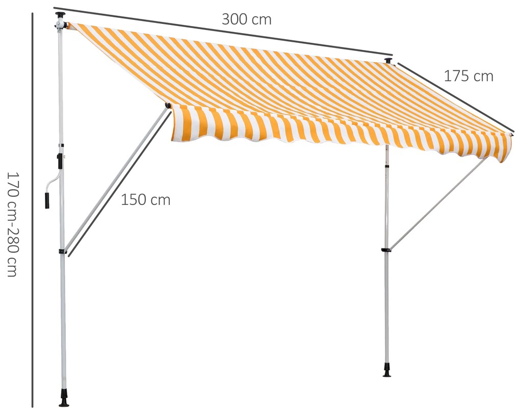 Toldo Portátil 3x1,5m Manual Dobrável de Alumínio Altura Regulável com Manivela para Terraço Jardim Amarelo e Branco