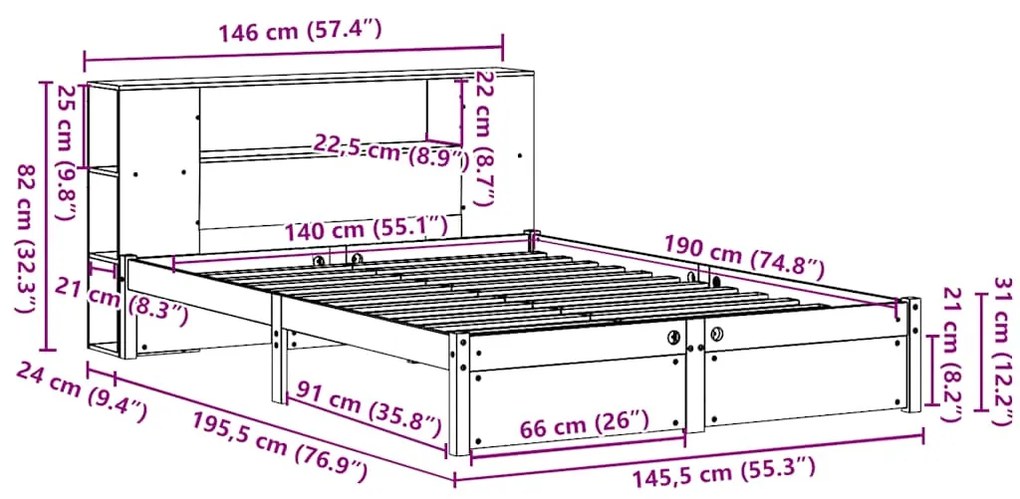 Cama com estante sem colchão 140x190 cm pinho maciço