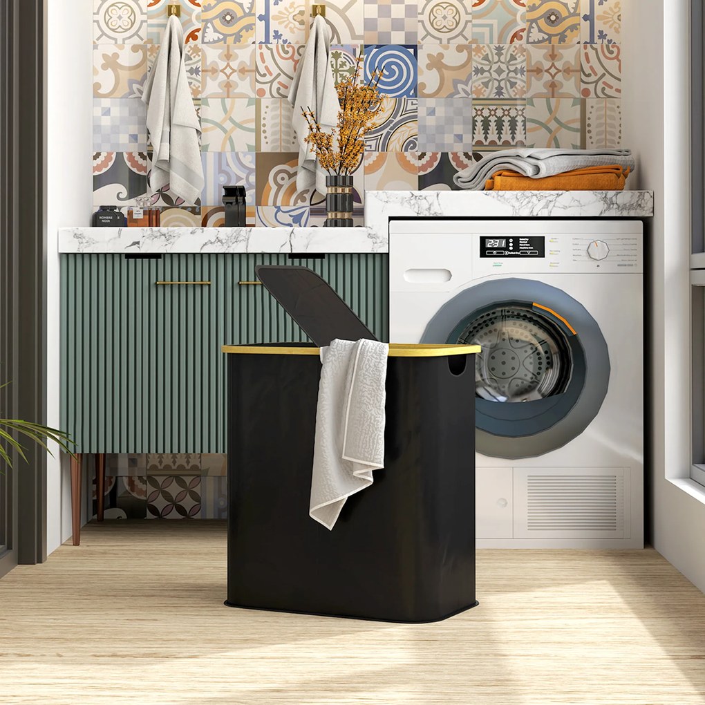 Cesto de roupa suja dobrável de 80 L com tampa, pegas ranhuradas, preto
