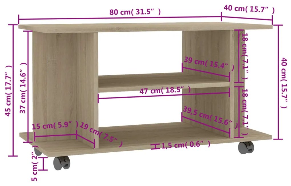 Móvel de TV com rodas 80x40x40 cm contraplacado carvalho sonoma