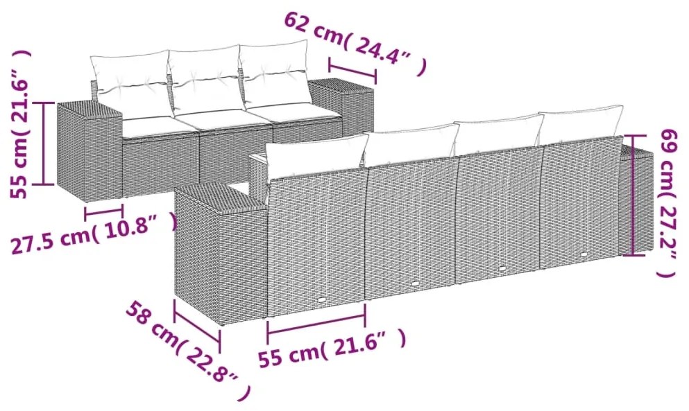 8 pcs conjunto de sofás p/ jardim com almofadões vime PE bege