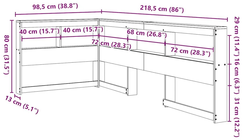Estante cabeceira forma de L 80 cm pinho maciço castanho-mel