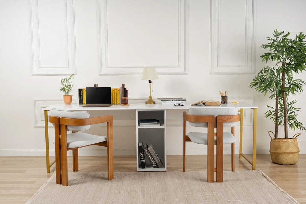 Secretária Twin Study Desk – Branco Dourado – 240 x 74 x 60 cm