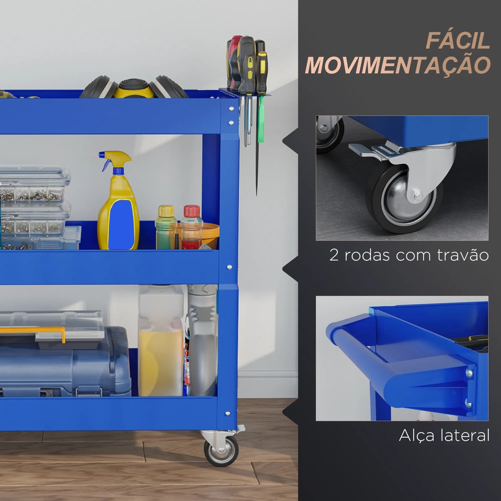 Carrinho de Ferramentas com Rodas 3 Prateleiras de Armazenamento e Alça Lateral 83x35,3x76 cm Azul