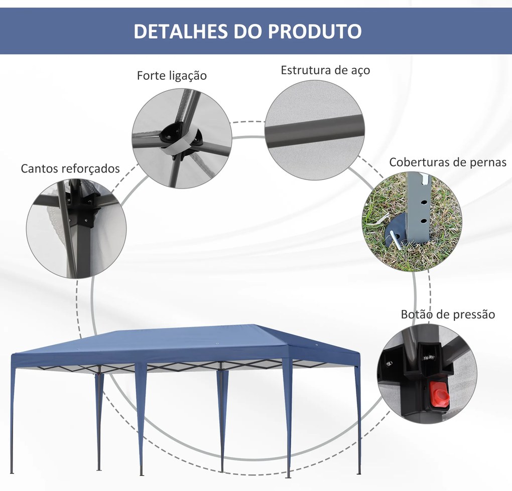 Outsunny Tenda Dobrável 6x3 Tenda de Jardim Portátil com Bolsa de Transporte Tecido Oxford Estrutura de Aço para Exterior Festas Acampamento Azul