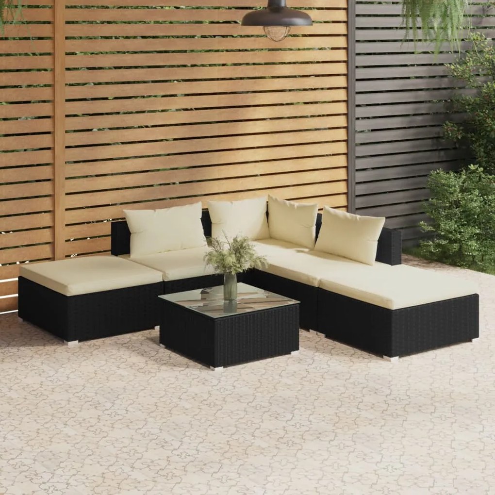 vidaXL 6 pcs conjunto lounge de jardim c/ almofadões vime PE preto