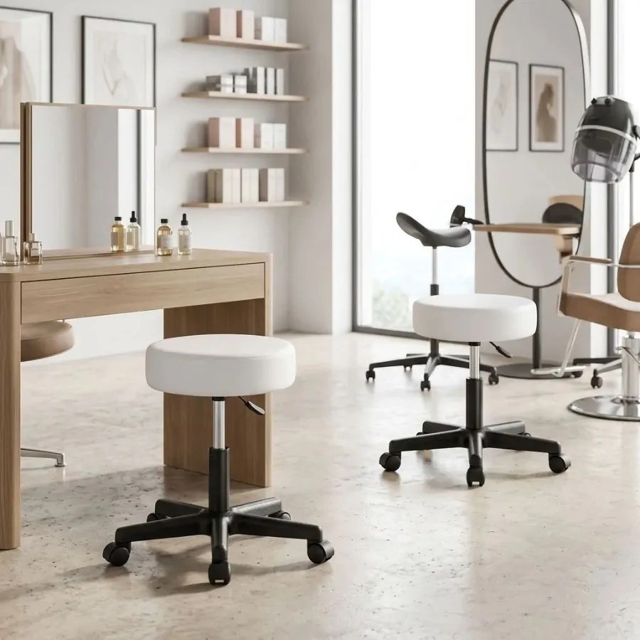 Conjunto 2 bancos com rodas 48 x 48 x 46 - 60 cm em couro sintético branco