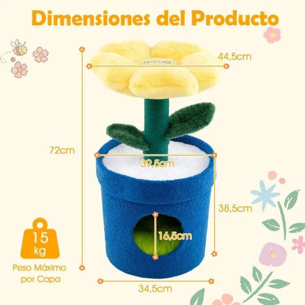 Arranhador Gatos 43 x 43 x 72,5 cm de 3 níveis com mirante superior e ama privado Poste para arranhar Centro de atividades para gatinhos Amarelo