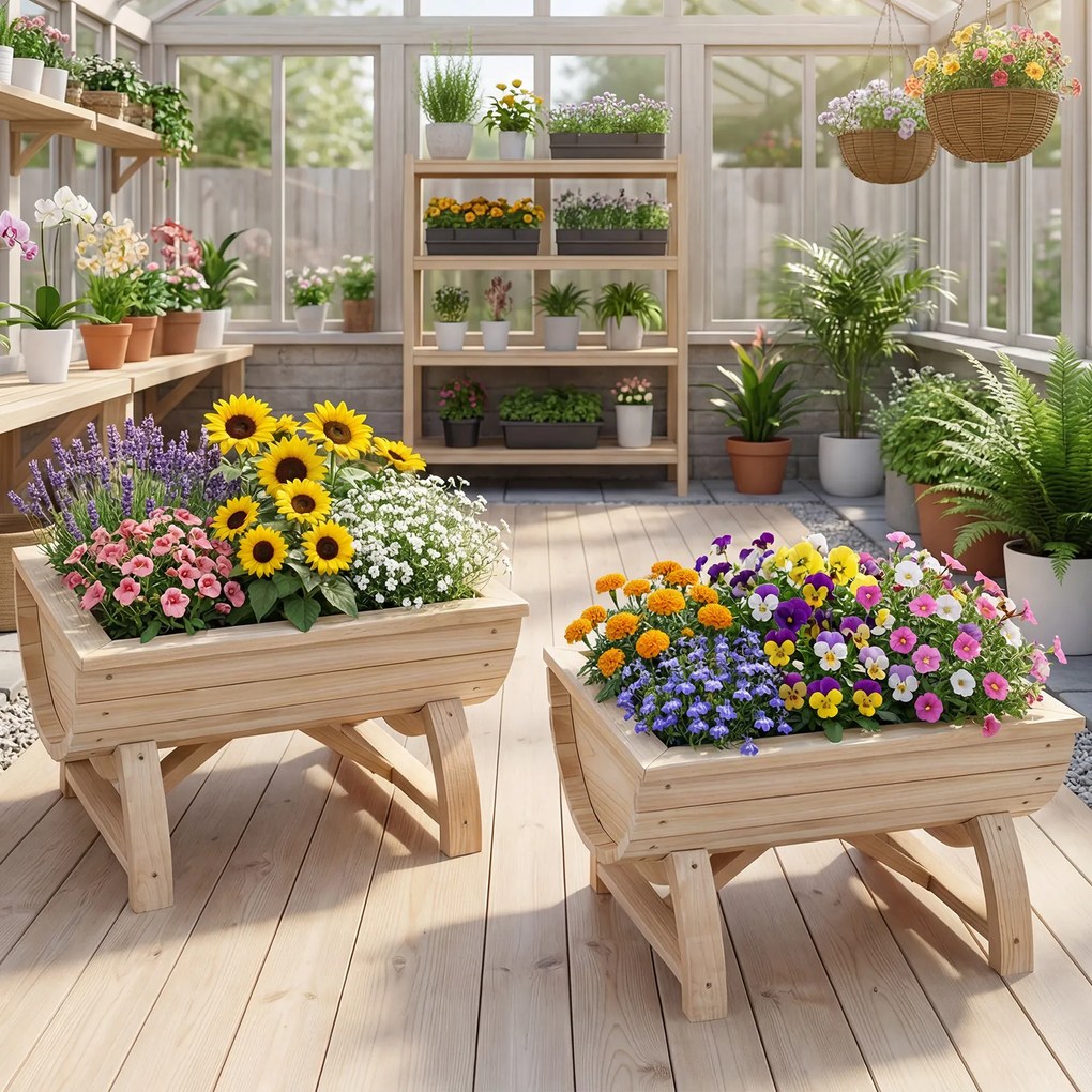 Conjunto de 2 vasos de madeira de abeto em forma de meio barril com orifícios de drenagem para flores e vegetais, para interior e exterior, acabamento