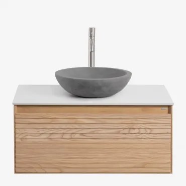Conjunto De Móvel De Casa De Banho Suspenso 80x50 Cm Em Madeira De Freixo Tedrik Castanho Fresno & Cimento Cinzento Redondo Ø40 Cm Tarsis - Sklum