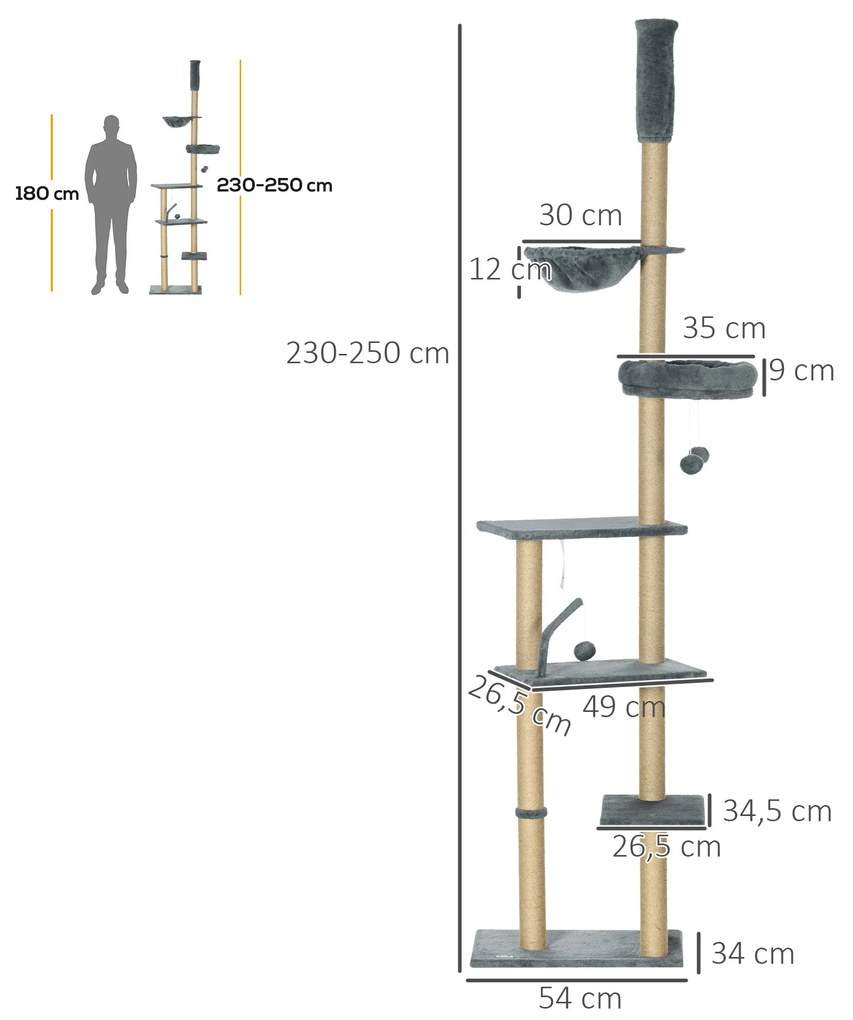 PawHut Arranhador para Gatos do Solo ao Teto de 230-250 cm Arranhador