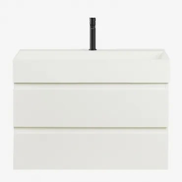 Conjunto De Móvel De Casa De Banho Suspenso Em Madeira E Folha De Freixo Com Lavatório Integrado Ona Branco & Sem Espelho & Preto - Sklum