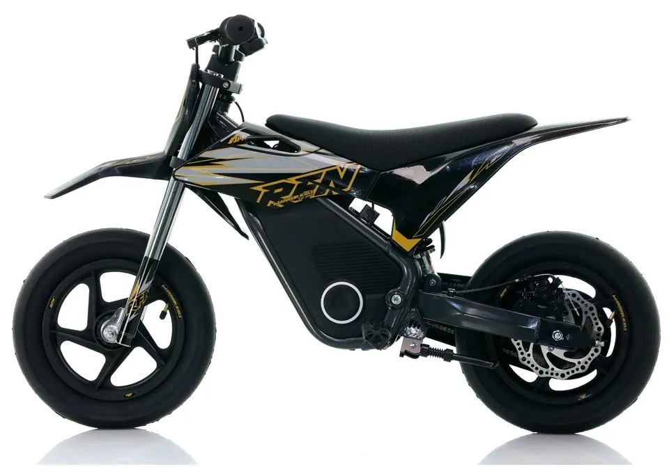 Mini moto eléctrica velocidade até 13 Km/h C/Limitador RFN Warrior Kids SX-E150 150W 12/12” Supermotard Preto e Dourada