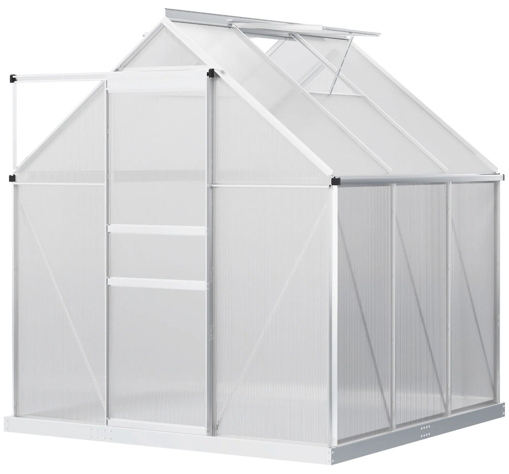 Outsunny Estufa de Jardim de Policarbonato e Alumínio Estufa de Exterior com Porta Corredeira e 2 Clarobóias para Cultivo de Plantas Sementes 190x190x200cm Transparente