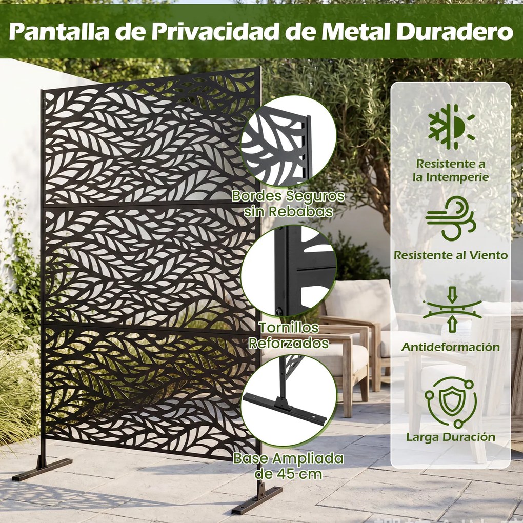 Biombo de Privacidade com Motivo de Folhas, 123 x 45 x 198,5 cm, Estrutura em Metal Galvanizado, Preto
