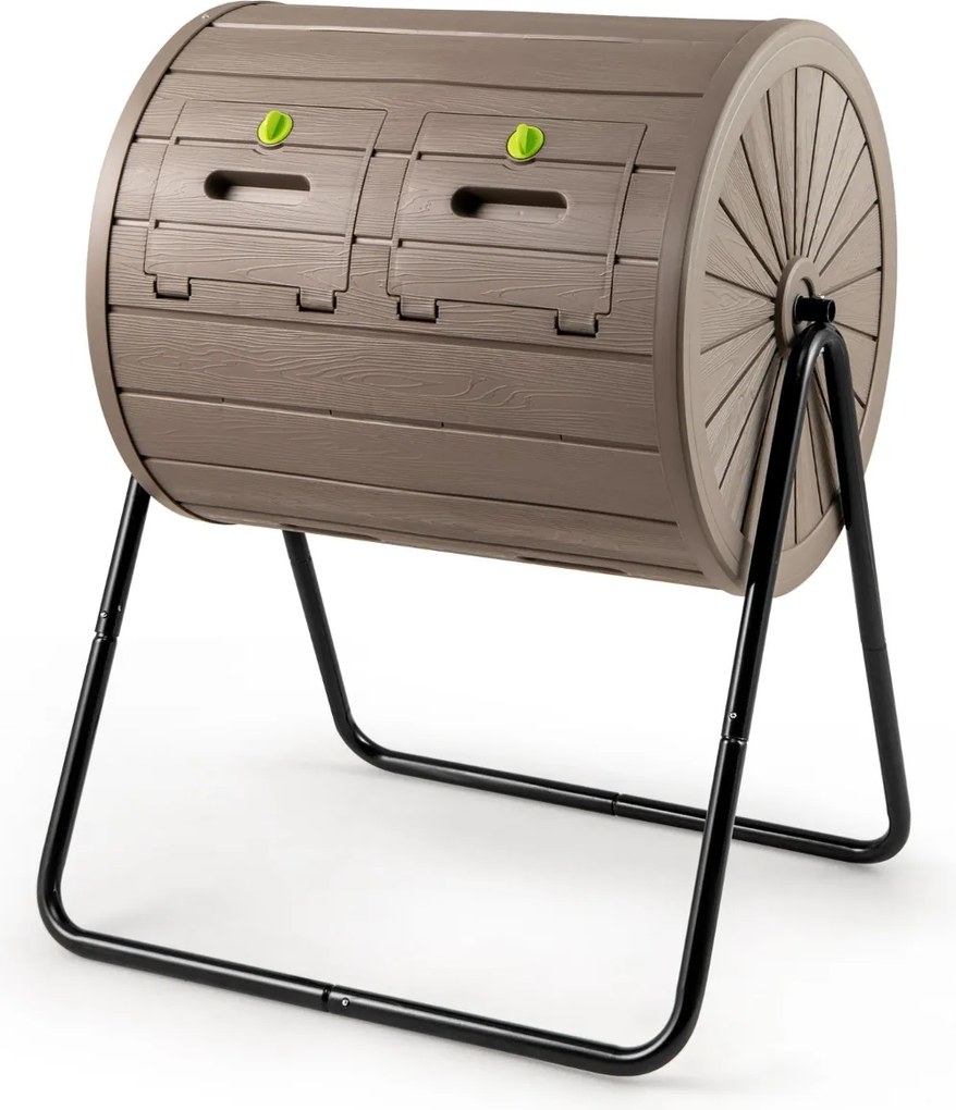 Compostor giratório para jardim com 142 L e câmara dupla, rotação eficiente de 360 graus, cor castanha