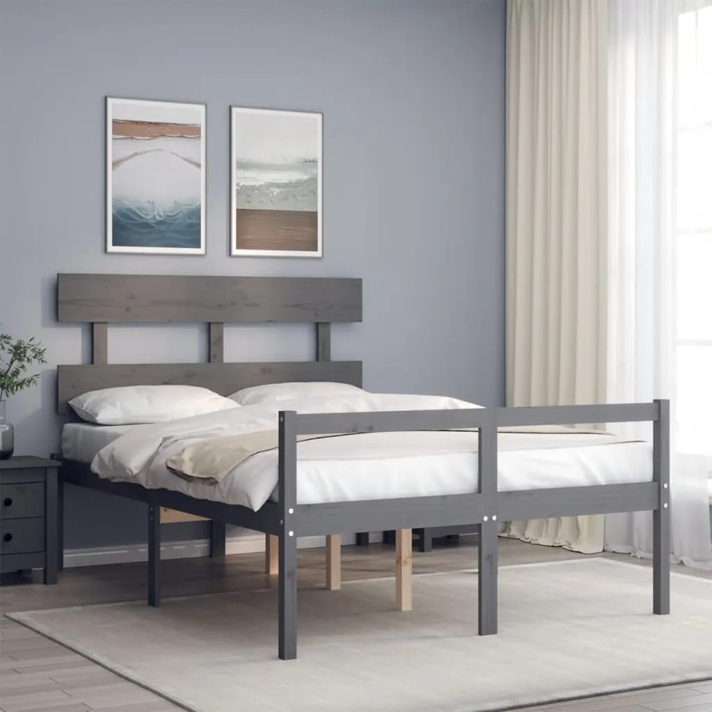 Estrutura de cama de casal c/ cabeceira madeira maciça cinzento