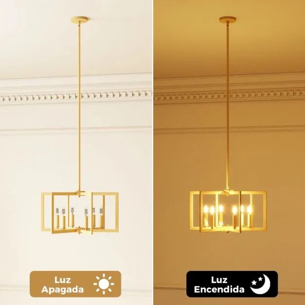 Candeeiro rústico de 6 luzes com design geométrico, altura ajustável e metal industrial cor cobre