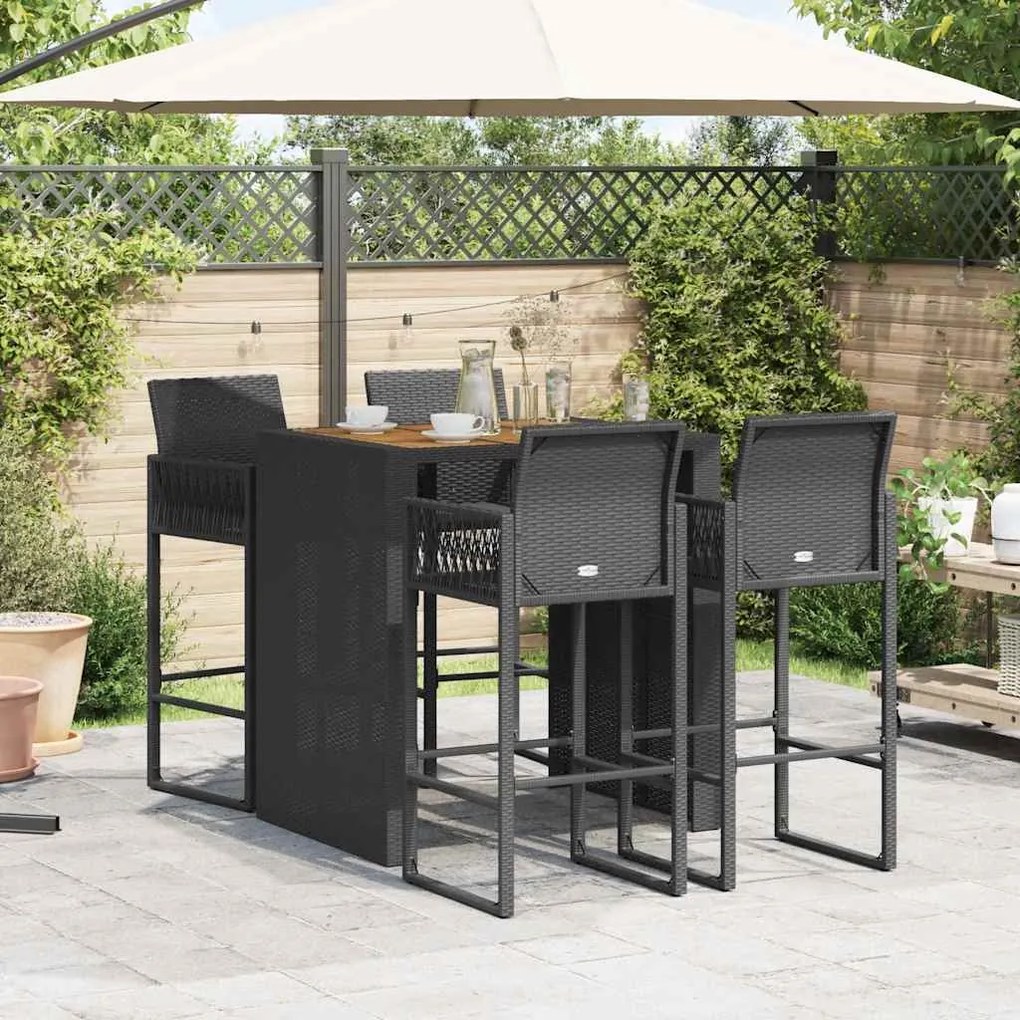 5 pcs conj. de bar jardim sem almofadões vime PE/acácia preto