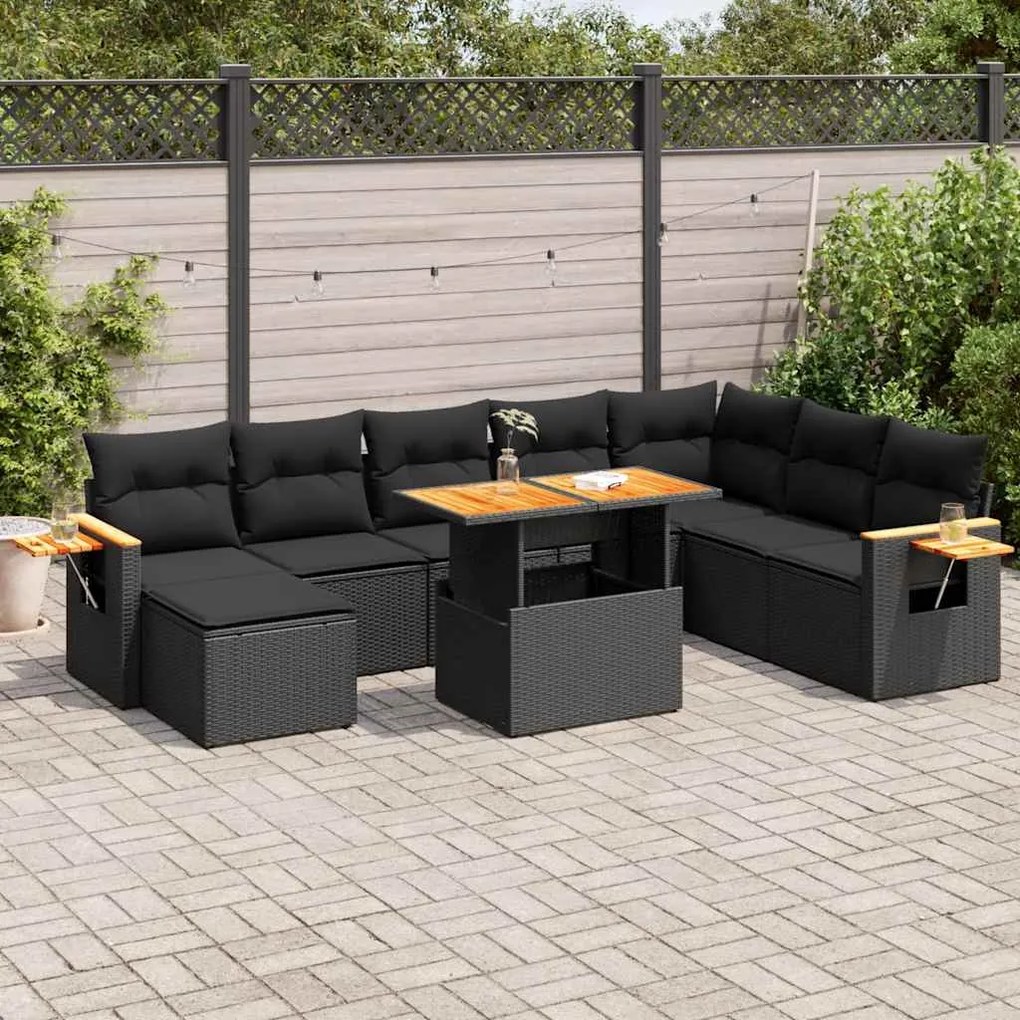 9 pcs conjunto sofás p/ jardim almofadões vime PE/acácia preto