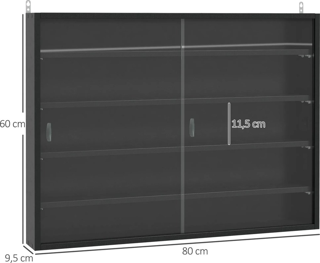 Vitrine de Parede de Madeira com Prateleiras Ajustáveis e 2 Portas Corredeiras de Vidro para Perfumes 80x9,5x60 cm Preto