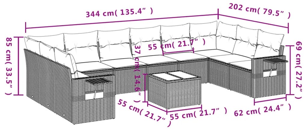11 pcs conjunto sofás de jardim c/ almofadões vime PE preto