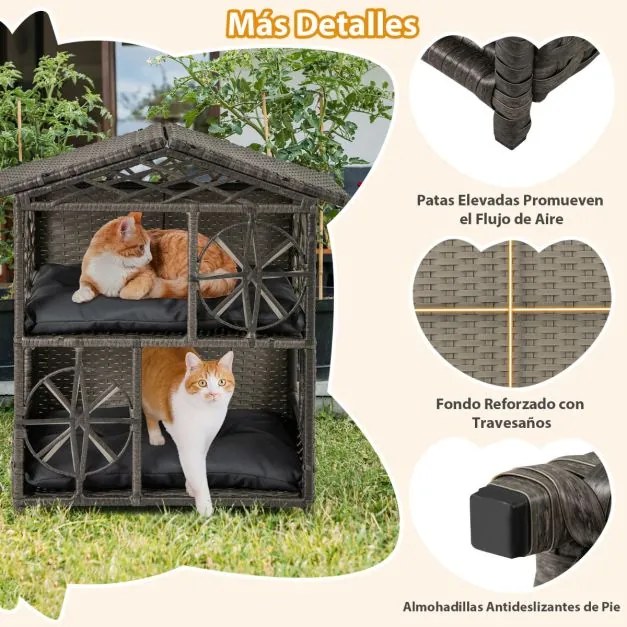 Casa para gatos em vime de 2 andares 69 x 40,5 x 70 cm com almofadas removíveis, teto, janelas e portas com sombra cinza.