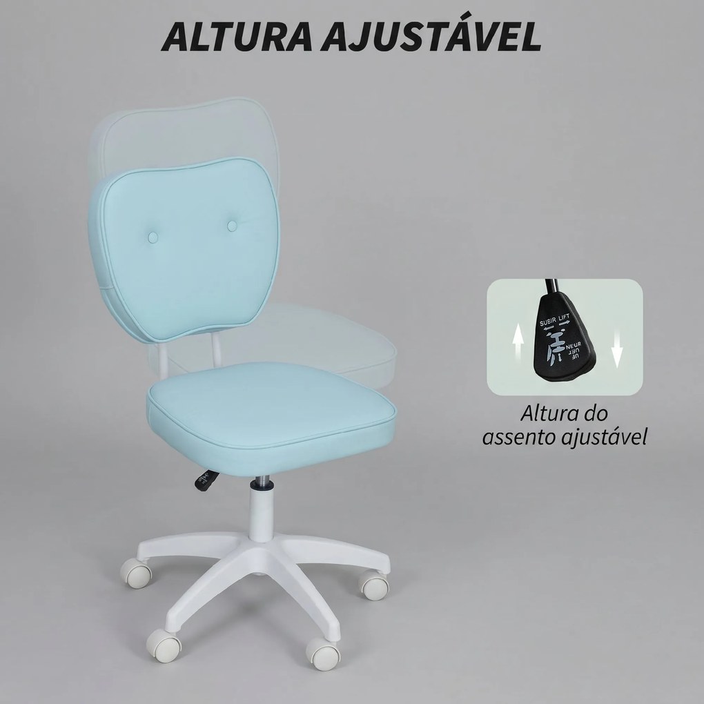 Cadeira de Escritório Giratória Estofada em Pele Sintética com Altura Ajustável sem Braços Suporta até 120 kg 46x59x82-92 cm Azul Claro
