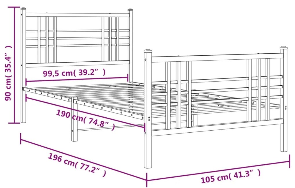 Estrutura de cama com cabeceira e pés 100x190 cm metal branco