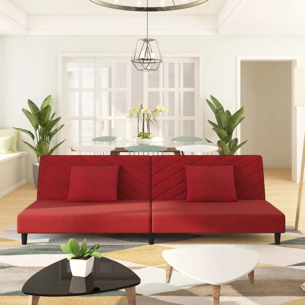 337622 vidaXL Sofá-cama 2 lugares com duas almofadas veludo vermelho tinto