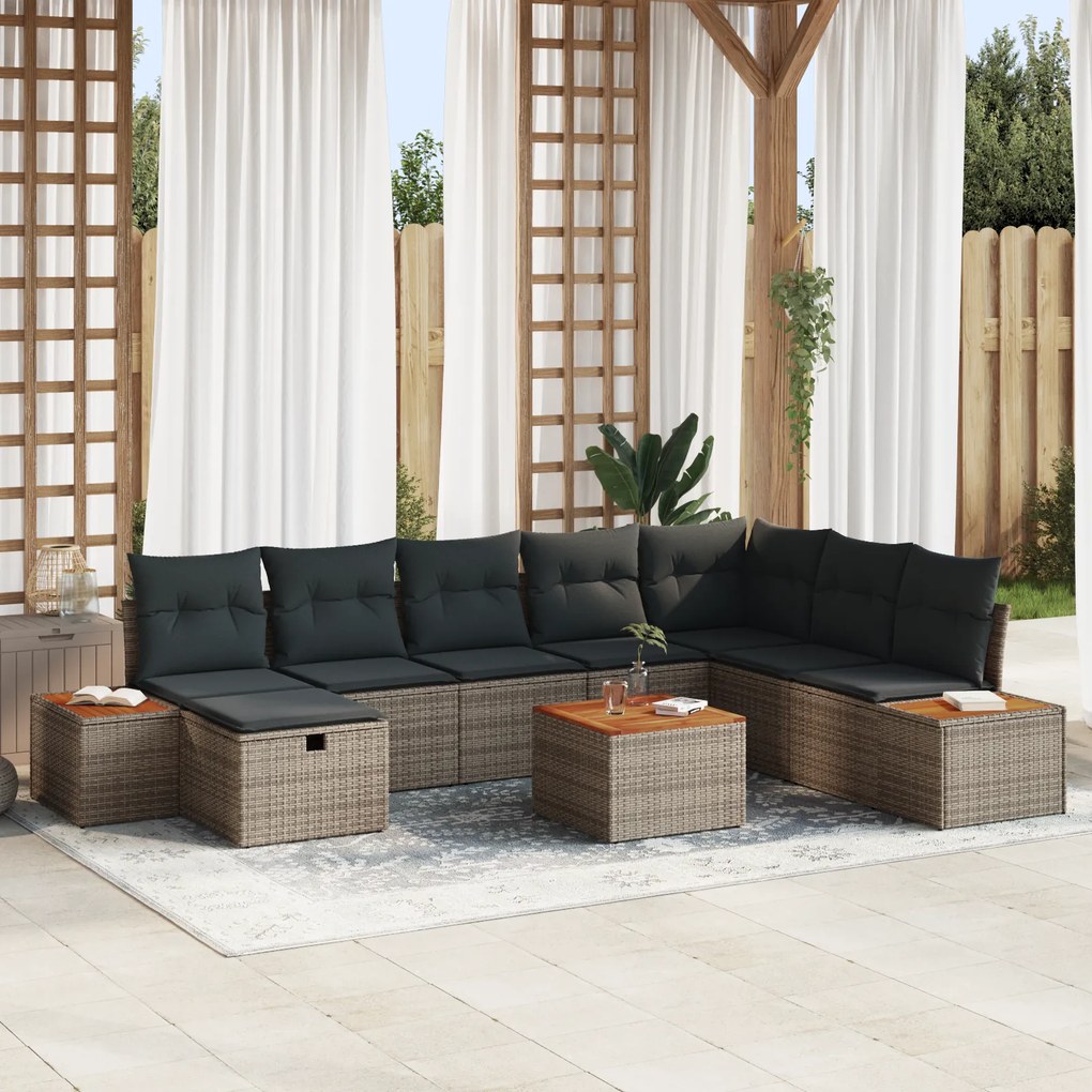 Conjunto de Sofá de Jardim de 9 Peças com Almofadas Cinza de Poliratan