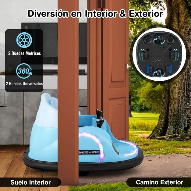 Carrinho de choques elétrico 12V para crianças com controle remoto, luz LED, buzina e música, rotação de 360° com cinto de segurança azul