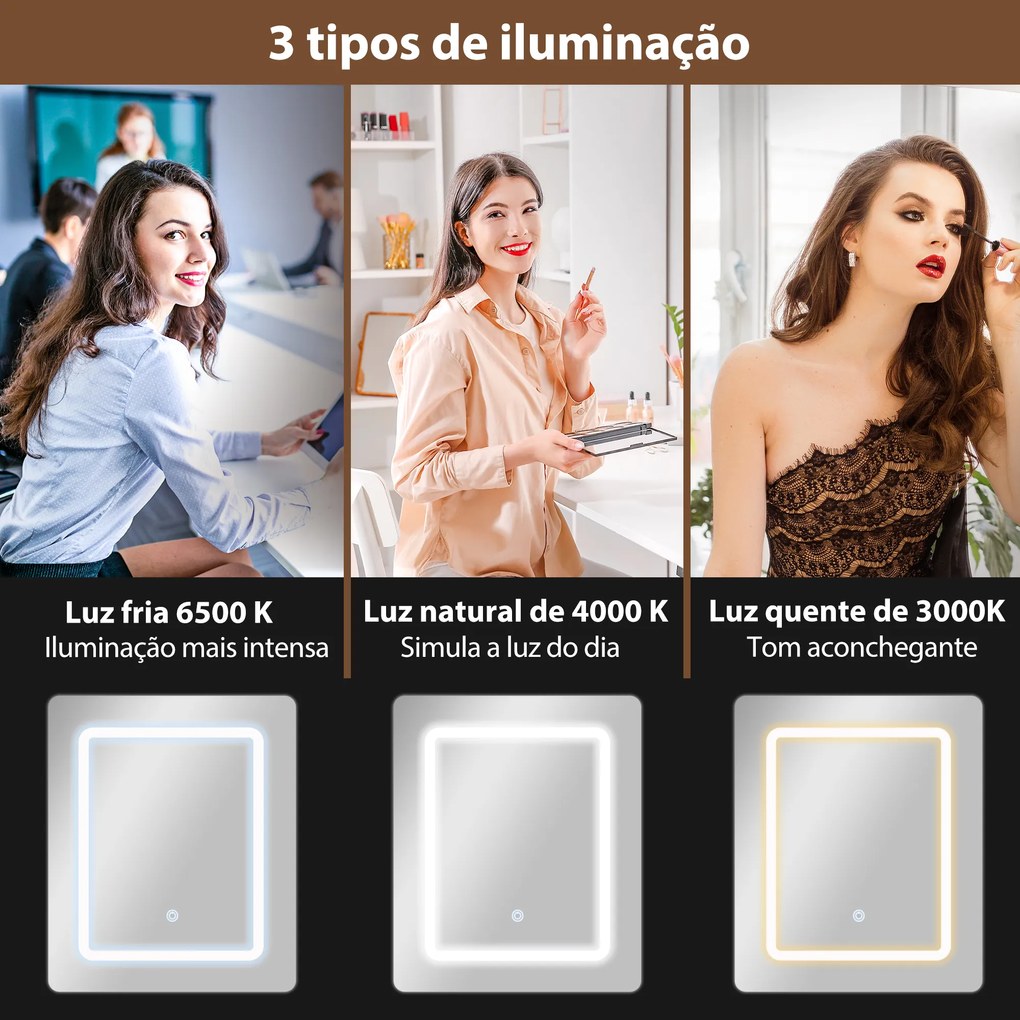 Toucador de Maquilhagem com Luzes LED de Cor Ajustável e Espelho Tocador com Lateral Rebatível Gaveta 45x45x152 cm Branco