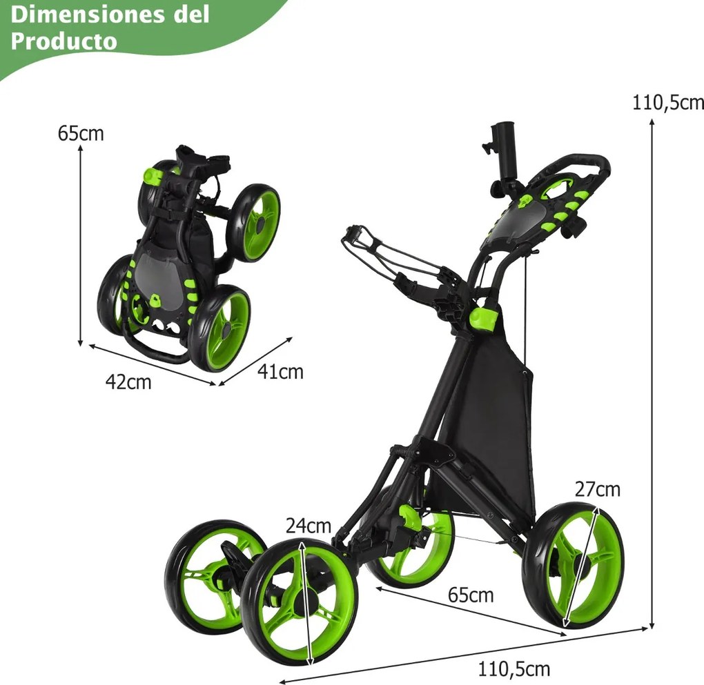 Carrinho de golfe dobrável, leve e de 4 rodas, com saco impermeável e travão de pé, suporte ajustável para guarda-chuva e copo - verde