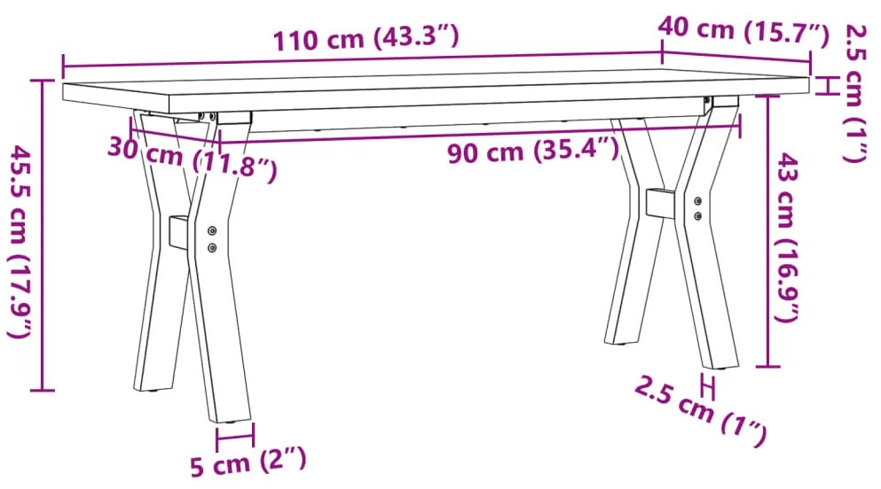 Mesa de centro estrutura em Y 110x40x45,5cm pinho/aço