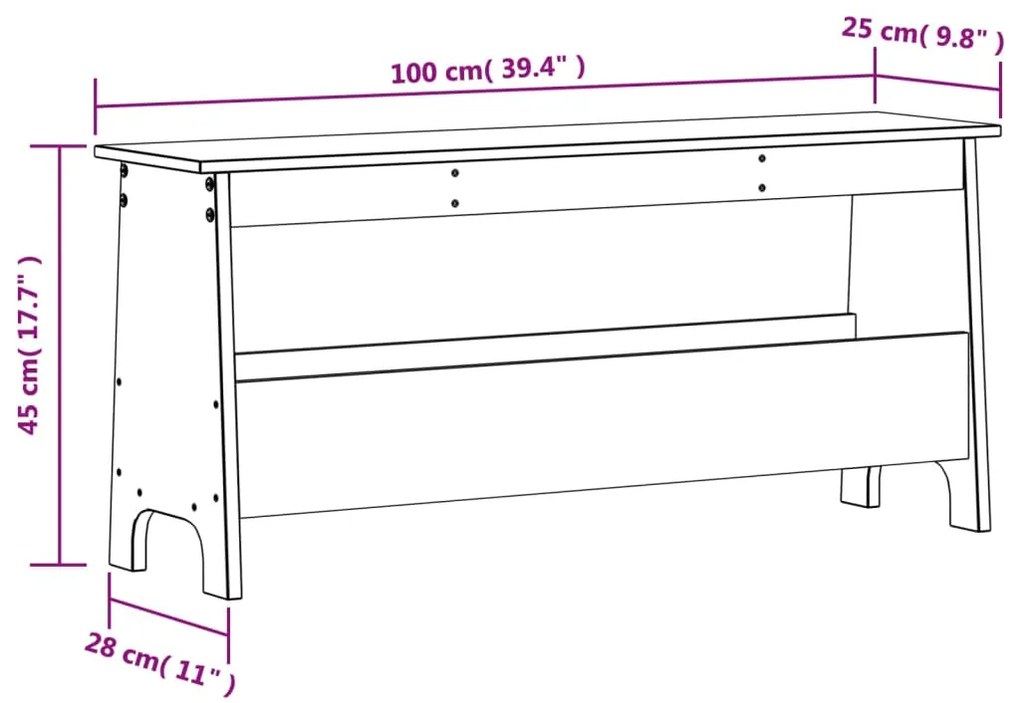 Banco de corredor 100x28x45 cm pinho maciço castanho cera