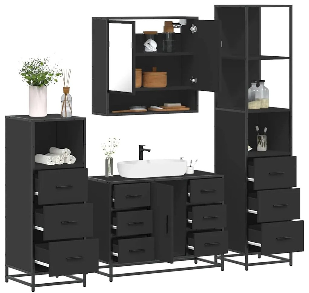 vidaXL 4 pcs conjunto móveis casa de banho derivados de madeira preto